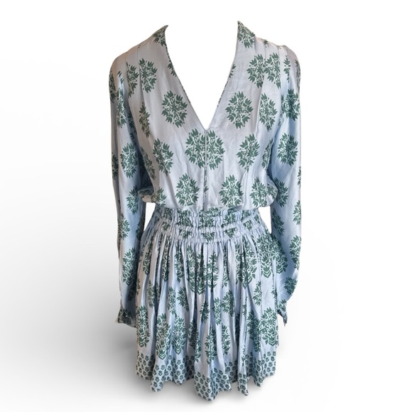 OMIKA Adele Mini Dress XS Blue Green Floral Smocked Boho Resort 100% Modal - Picture 2 of 12